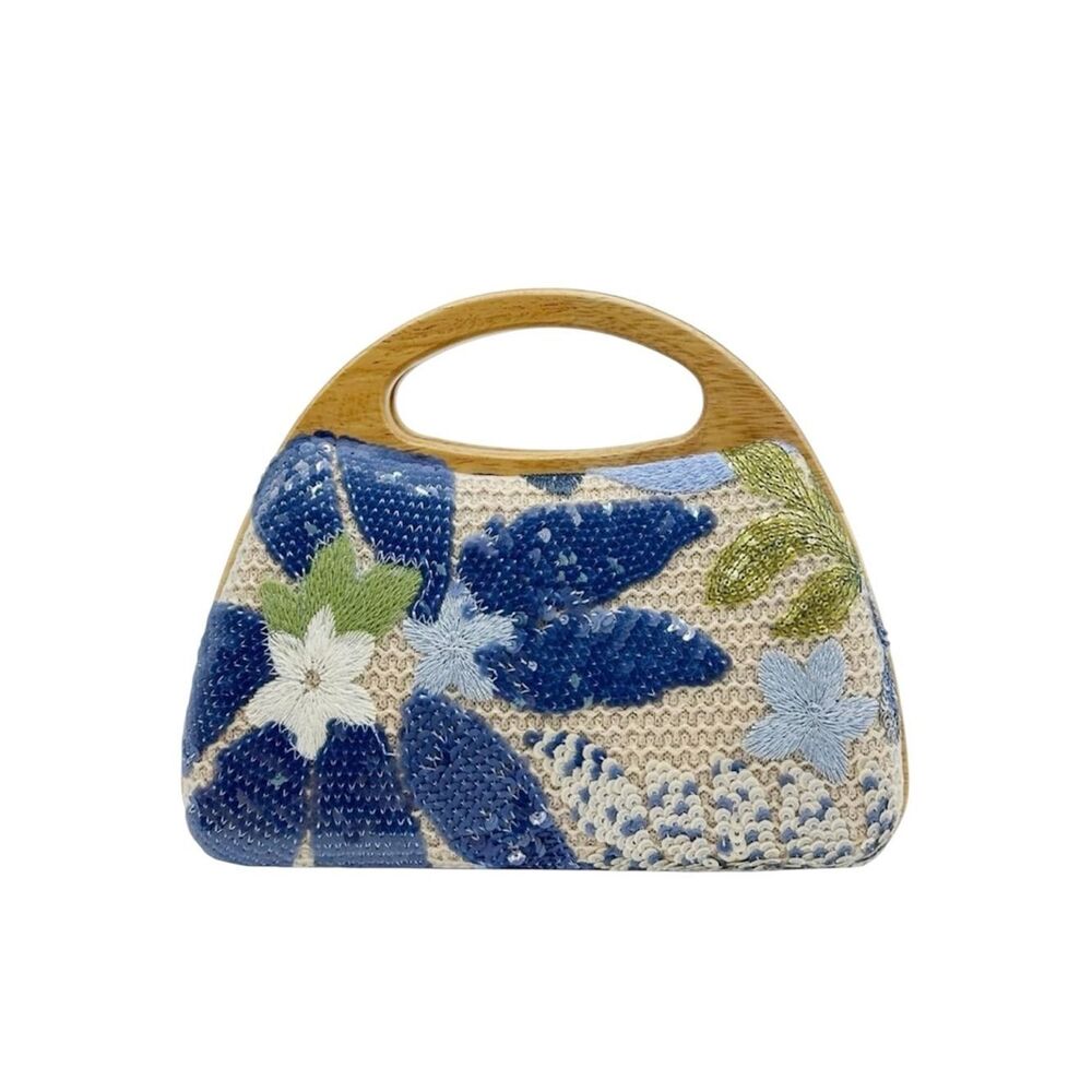 NEW Blue Floral Beaded Handbag with Wood Handle